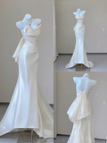 Elegant White Strapless Mermaid Satin Long Party Dress Light Wedding Dress, HZ0319