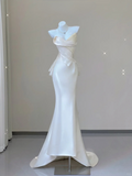 Elegant White Strapless Mermaid Satin Long Party Dress Light Wedding Dress, HZ0319