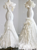 Elegant White Off Shoulder Mermaid Satin Long Party Dress Wedding Dress, HZ0319
