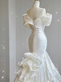 Elegant White Off Shoulder Mermaid Satin Long Party Dress Wedding Dress, HZ0319