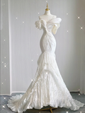 Elegant White Off Shoulder Mermaid Satin Long Party Dress Wedding Dress, HZ0319