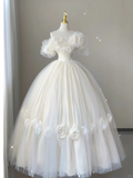 Retro White Off Shoulder A-Line Tulle Satin Birthday Dress Wedding Dress, HZ0319