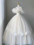 Retro White Off Shoulder A-Line Tulle Satin Birthday Dress Wedding Dress, HZ0319