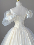Retro White Off Shoulder A-Line Tulle Satin Birthday Dress Wedding Dress, HZ0319