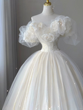Retro White Off Shoulder A-Line Tulle Satin Birthday Dress Wedding Dress, HZ0319