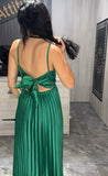 Green Halter A-Line Satin Pleated Long Party Dress Wedding Guest Dress, HZ0319