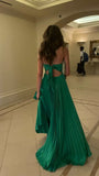 Green Halter A-Line Satin Pleated Long Party Dress Wedding Guest Dress, HZ0319