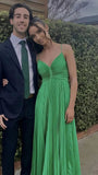 Green Halter A-Line Satin Pleated Long Party Dress Wedding Guest Dress, HZ0319