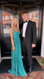 Green Halter A-Line Satin Pleated Long Party Dress Wedding Guest Dress, HZ0319