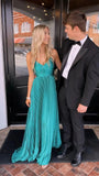 Green Halter A-Line Satin Pleated Long Party Dress Wedding Guest Dress, HZ0319
