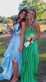 Green Halter A-Line Satin Pleated Long Party Dress Wedding Guest Dress, HZ0319