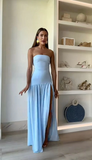 Blue Strapless A-Line Split Long Party Dress Wedding Guest Dress, HZ0319