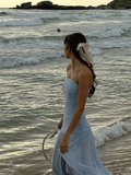 Blue Strapless A-Line Split Long Party Dress Wedding Guest Dress, HZ0319