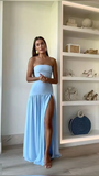 Blue Strapless A-Line Split Long Party Dress Wedding Guest Dress, HZ0319