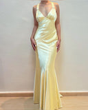 Light Yellow V Neck Mermaid Satin Long Party Dress Vintage Evening Dress, HZ0319