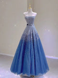 Glitter Blue Strapless A-Line Tulle Beading Long Party Dress Formal Prom Dress, HZ0319