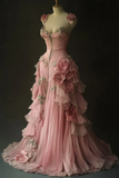 Pink Retro Sweetheart A-Line Floral Appliques Long Prom Dress Evening Gown, HZ0319