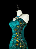 Retro Green Strapless Mermaid Beading Ruffles Vintage Long Evening Party Dress, HZ0319