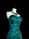 Retro Green Strapless Mermaid Beading Ruffles Vintage Long Evening Party Dress, HZ0319