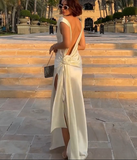 Elegant Ivory Backless Sheath Satin Long Party Dress Light Wedding Dress, HZ0319