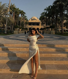 Elegant Ivory Backless Sheath Satin Long Party Dress Light Wedding Dress, HZ0319