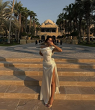 Elegant Ivory Backless Sheath Satin Long Party Dress Light Wedding Dress, HZ0319