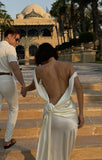 Elegant Ivory Backless Sheath Satin Long Party Dress Light Wedding Dress, HZ0319