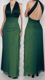 Green Ombre V Neck Backless Sheath Ruffles Long Party Dress Vintage Prom Dress, HZ0319