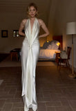 Elegant Ivory Halter Neck Mermaid Satin Long Party Dress Evening Gown, HZ0319