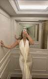 Elegant Ivory Halter Neck Mermaid Satin Long Party Dress Evening Gown, HZ0319