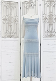 Shiny Blue Spaghetti Straps Sheath Midi Length Party Dress Cocktail Dress, HZ0319