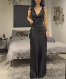 Black V Neck Straps Mermaid Satin Long Party Dress Formal Prom Dress, HZ0319