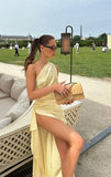 Light Yellow One Shoulder Sheath Satin Long Party Dress Wedding Guest Dress, HZ0319