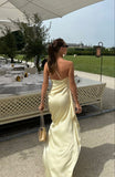 Light Yellow One Shoulder Sheath Satin Long Party Dress Wedding Guest Dress, HZ0319