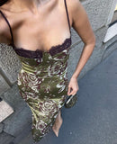 Green Spaghetti Straps Sheath Satin Long Party Dress Printed Evening Dress, HZ0319