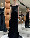 Black Off Shoulder Mermaid Satin Long Prom Dress Formal Evening Gown, HZ0319