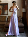 Lilac Spaghetti Straps A-Line Long Party Dress Wedding Guest Dress Birthday Outfits, HZ0319
