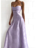 Lilac Spaghetti Straps A-Line Long Party Dress Wedding Guest Dress Birthday Outfits, HZ0319