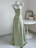Green Straps A-Line Long Party Dress Wedding Guest Dress Birthday Outfits, HZ0319
