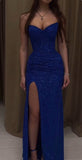 Royal Blue Sweetheart Sheath Split Long Party Dress Shiny Evening Gown, HZ0319