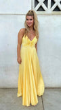 Yellow V Neck Straps A-Line Pleated Long Party Dress Wedding Guest Dress, HZ0319