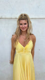 Yellow V Neck Straps A-Line Pleated Long Party Dress Wedding Guest Dress, HZ0319