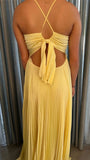 Yellow V Neck Straps A-Line Pleated Long Party Dress Wedding Guest Dress, HZ0319