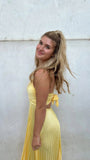 Yellow V Neck Straps A-Line Pleated Long Party Dress Wedding Guest Dress, HZ0319