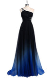 Elegant One Shoulder Gradient A-Line Vintage Long Party Dress Formal Prom Dress, HZ0319
