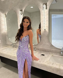 Blue Strapless Sequins Mermaid Long Prom Dress with Split, HZ0319