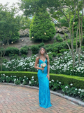 Blue V Neck Sequins Mermaid Long Prom Dress Formal Party Dress, HZ0319