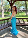 Blue V Neck Sequins Mermaid Long Prom Dress Formal Party Dress, HZ0319