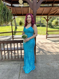 Blue V Neck Sequins Mermaid Long Prom Dress Formal Party Dress, HZ0319