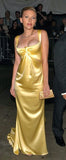 Elegant Yellow Straps Mermaid Satin Long Party Dress Evening Gown, HZ0319